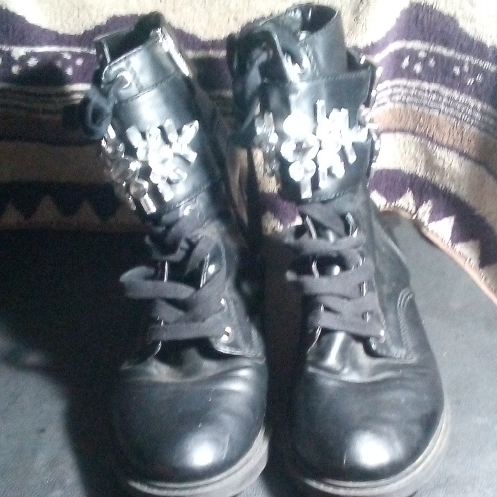 Circus by Sam Edelman Black Lace-Up Ankle Boots with Floral Silver Hardware